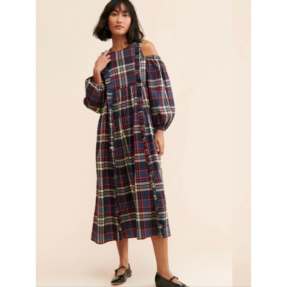 Damson Madder Sz 10 Wren Cold Shoulder Plaid Midi Dress Organic Cotton